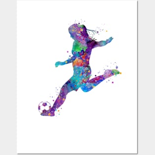 Girl Soccer Player Shooting Pose Watercolor Posters and Art